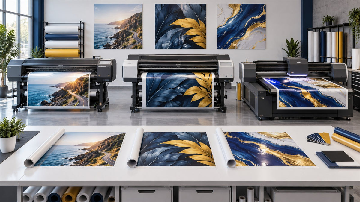 Wide-format printers and vinyl output representing eco-solvent latex and UV workflows