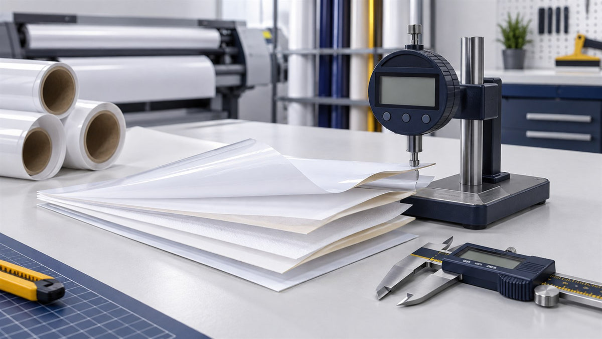 Printable vinyl films of different thicknesses beside precision measuring tools