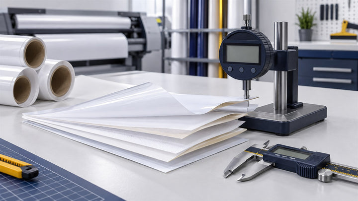 Printable vinyl films of different thicknesses beside precision measuring tools