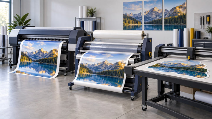 Wide-format printing lamination and contour-cut equipment arranged as a production workflow