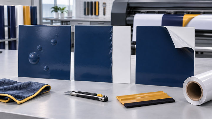 Vinyl samples showing bubbles edge shrinkage and lifting for troubleshooting