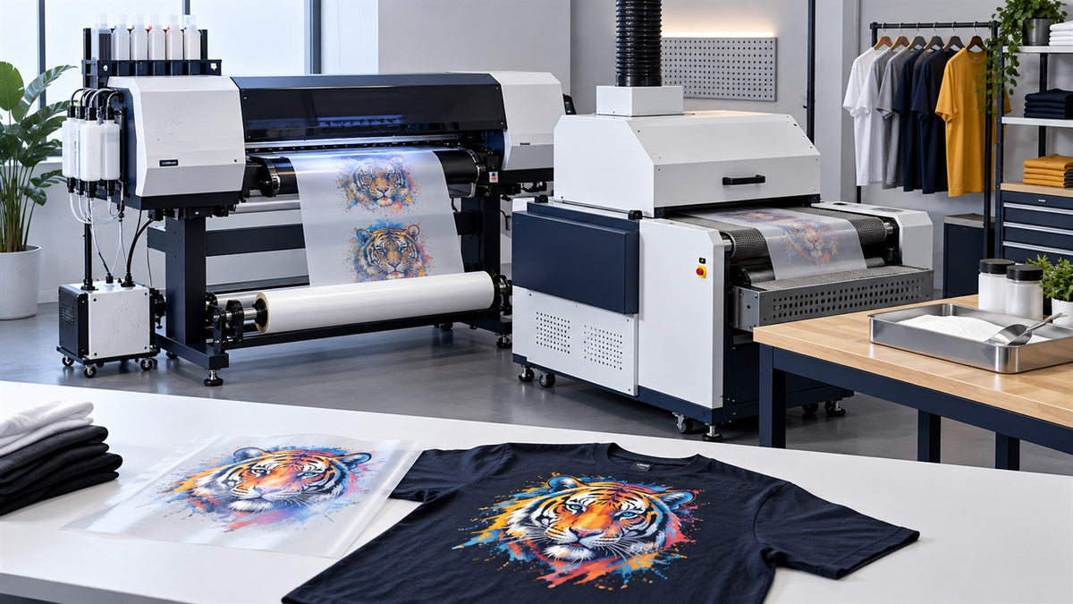 Complete DTF printer powder and curing production setup with a finished garment