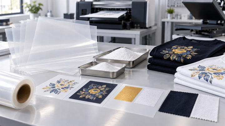 DTF film powder and fabric test samples arranged for compatibility evaluation