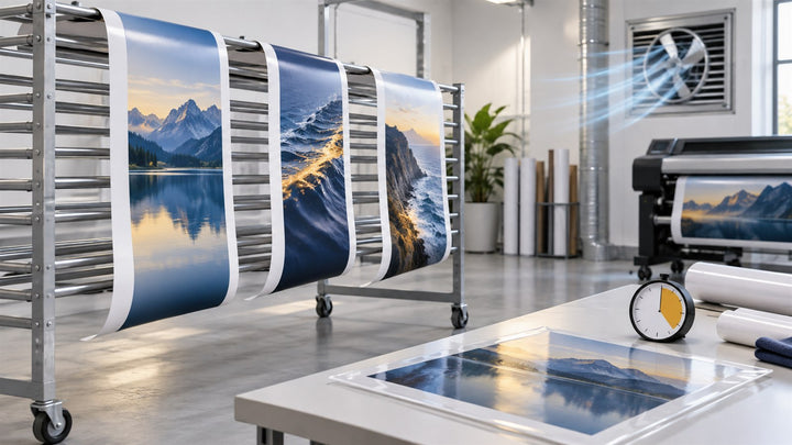 Fresh solvent prints drying with airflow before lamination