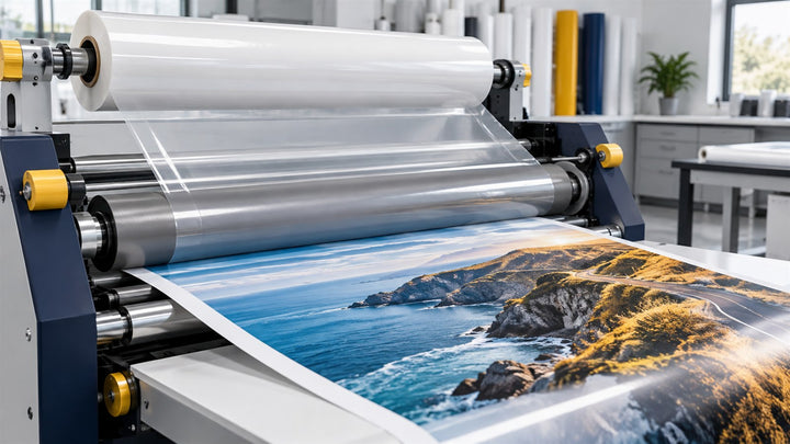 Clear overlaminate feeding smoothly through a professional cold-roll laminator