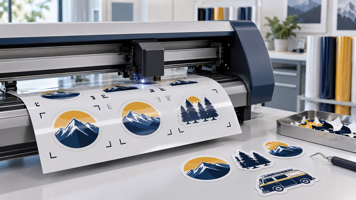 Laminated printed vinyl aligned to registration marks in a contour cutter
