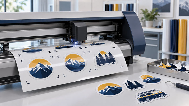 Laminated printed vinyl aligned to registration marks in a contour cutter