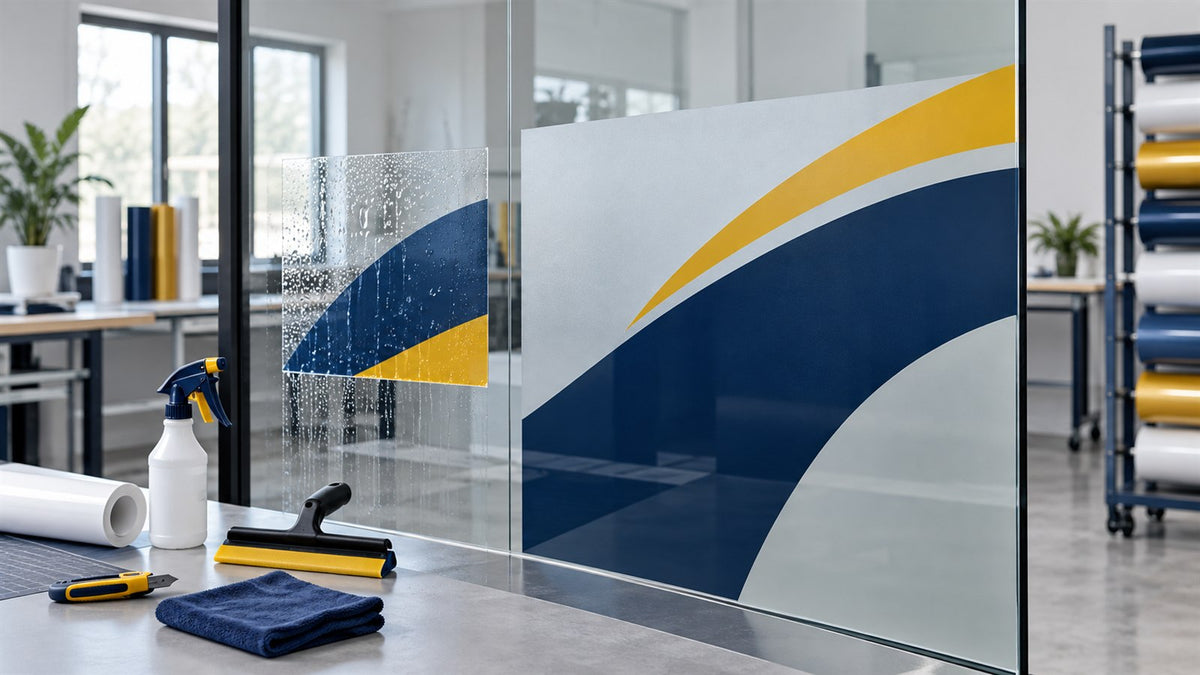 Dry and wet printable vinyl installation methods demonstrated on clean glass panels