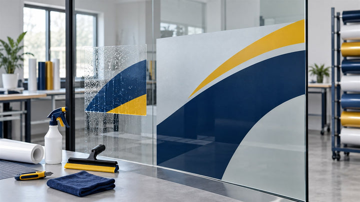 Dry and wet printable vinyl installation methods demonstrated on clean glass panels