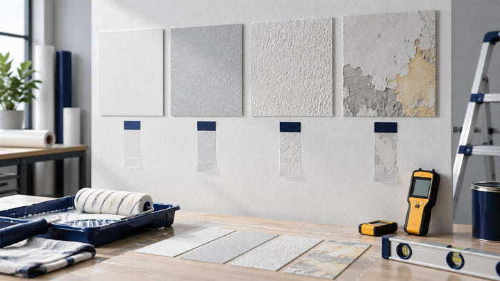 Painted wall surfaces and adhesion test strips prepared for wall graphics