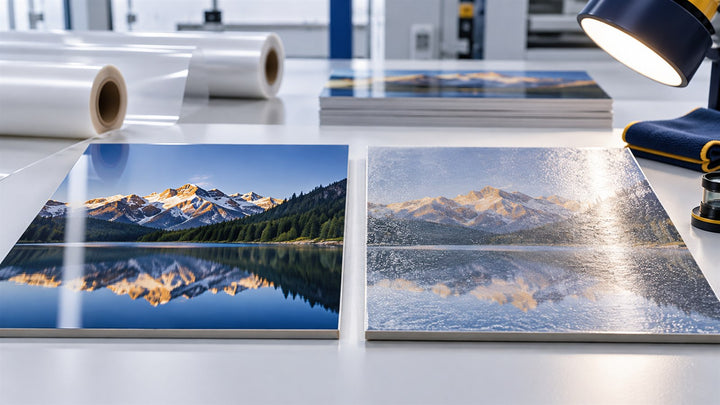 Clear and silvered laminated print samples compared under inspection lighting