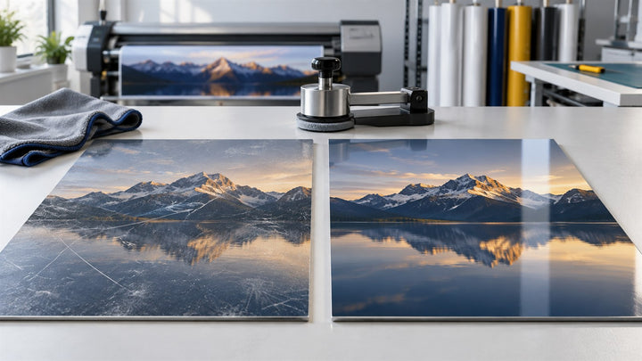 Scratched unprotected print compared with a clean laminated vinyl sample