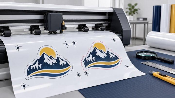 Correct and shifted contour-cut outlines compared beside registration marks