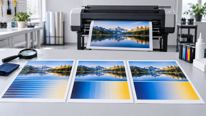 Wide-format print samples showing banding color variation and smooth output