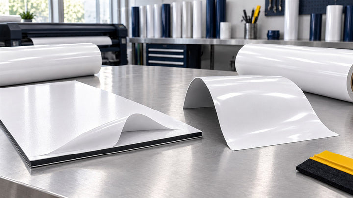 Monomeric and polymeric calendered printable vinyl samples compared on flat and gently curved surfaces