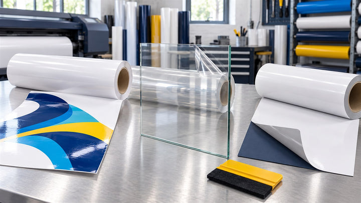 White, clear and grey-back printable vinyl constructions displayed in a professional print shop