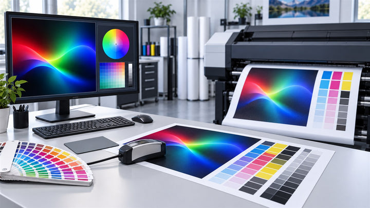 RGB artwork on a calibrated monitor compared with CMYK output from a wide-format printer