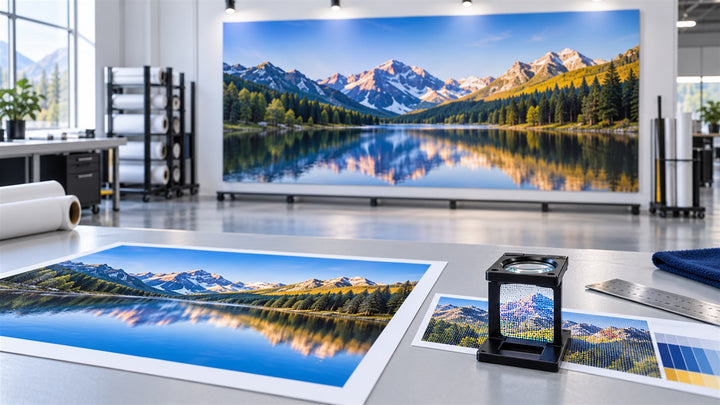 Large-format photographic print inspected at close range and normal viewing distance