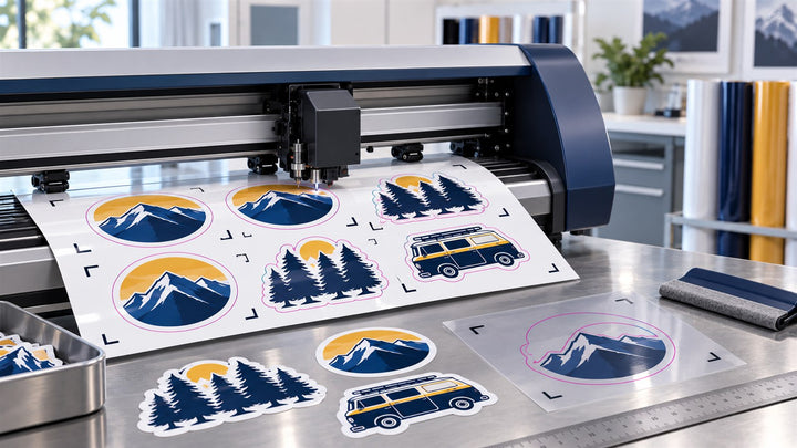 Contour cutter producing decals with bleed registration marks and vector cut paths