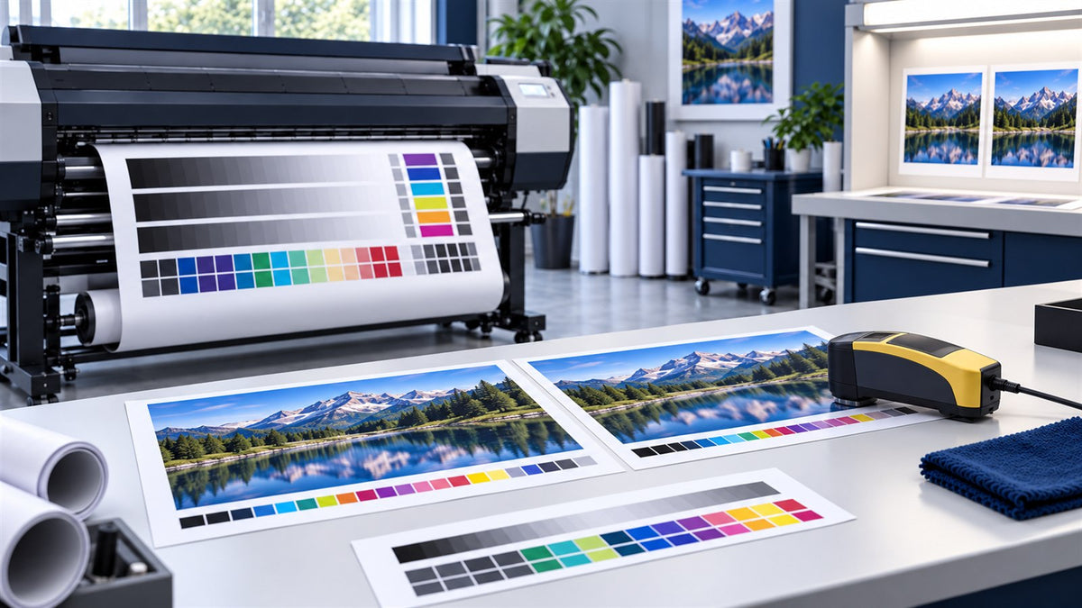 Wide-format printer calibration target measured beside two matching verification prints