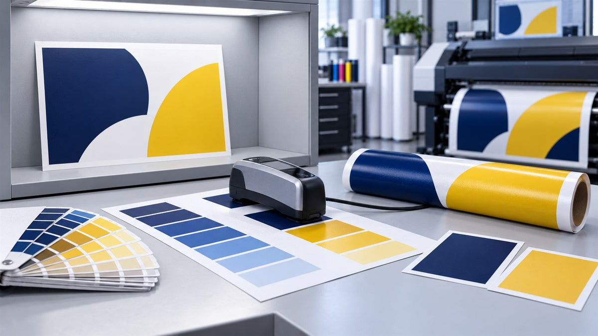 Brand-color swatches and printed vinyl samples compared with a spectrophotometer under neutral light