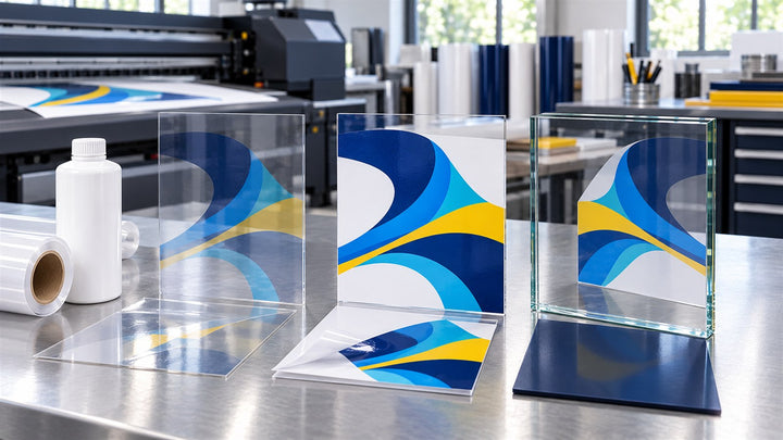 Clear and colored print samples comparing translucent output with a white-ink underbase