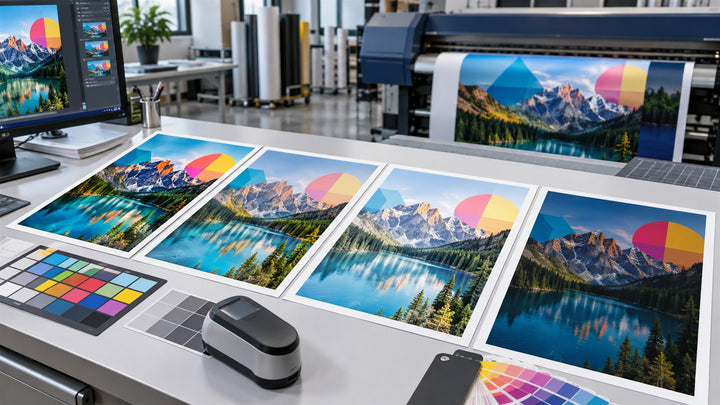 Four wide-format print proofs comparing different rendering intent results