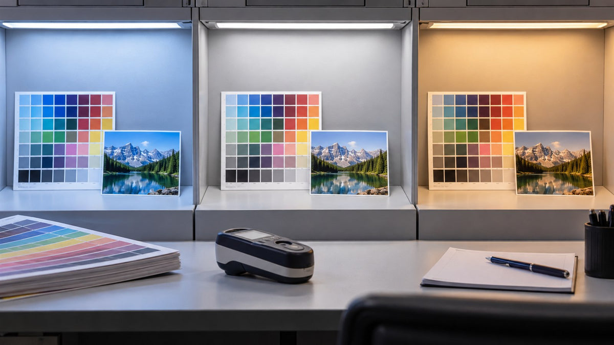 Identical printed color samples viewed under cool neutral and warm lighting