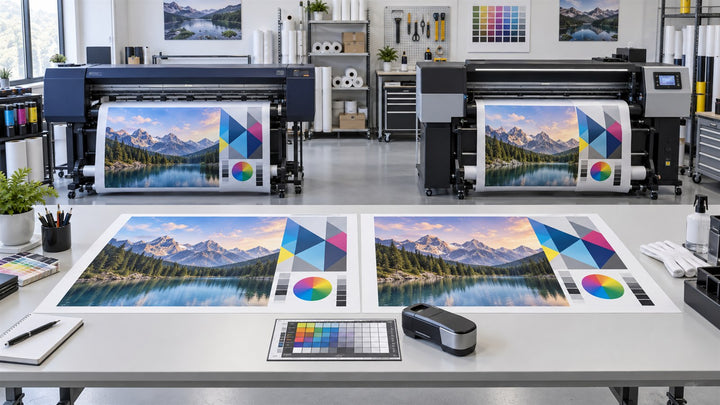 Two wide-format printers producing the same test artwork for color matching