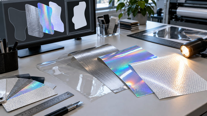 Clear, metallic, holographic and reflective vinyl samples prepared for white-ink artwork production