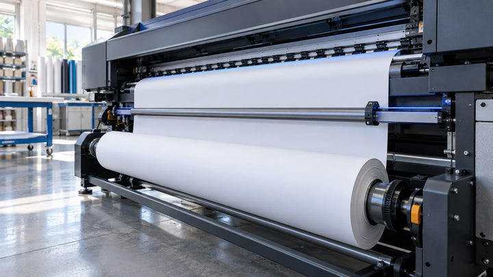 Wide-format roll media loaded straight through a printer and centered take-up path