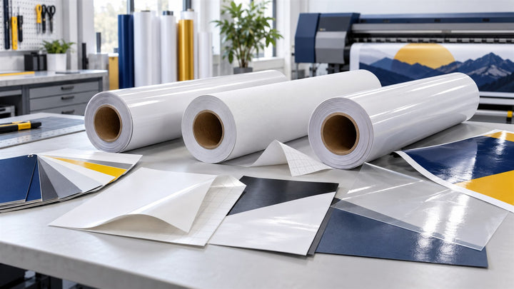Printable vinyl rolls and film samples arranged in a professional wide-format print studio