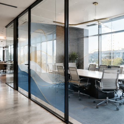 Optically clear printed graphics installed on office glass