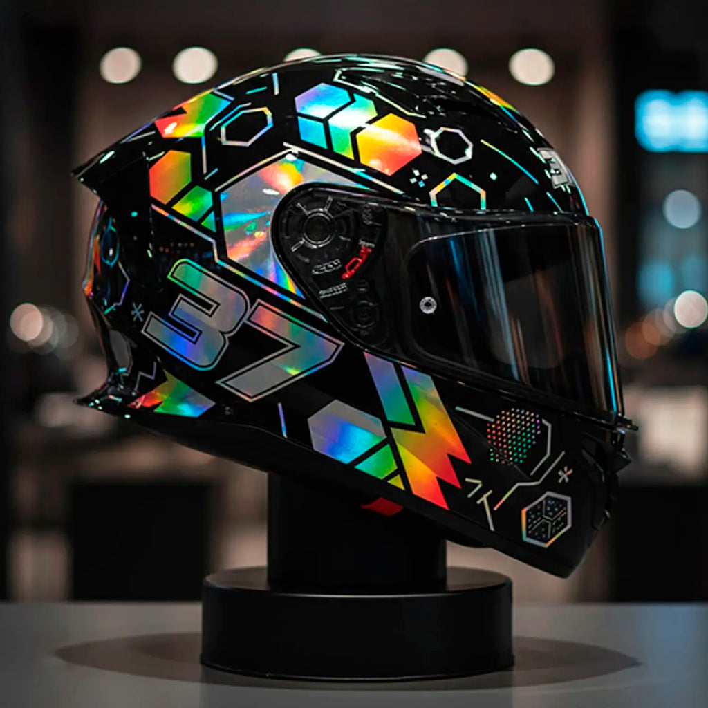 Rainbow holographic printable vinyl applied to a custom helmet