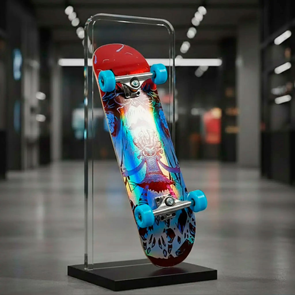 Rainbow holographic printable vinyl applied to a skateboard