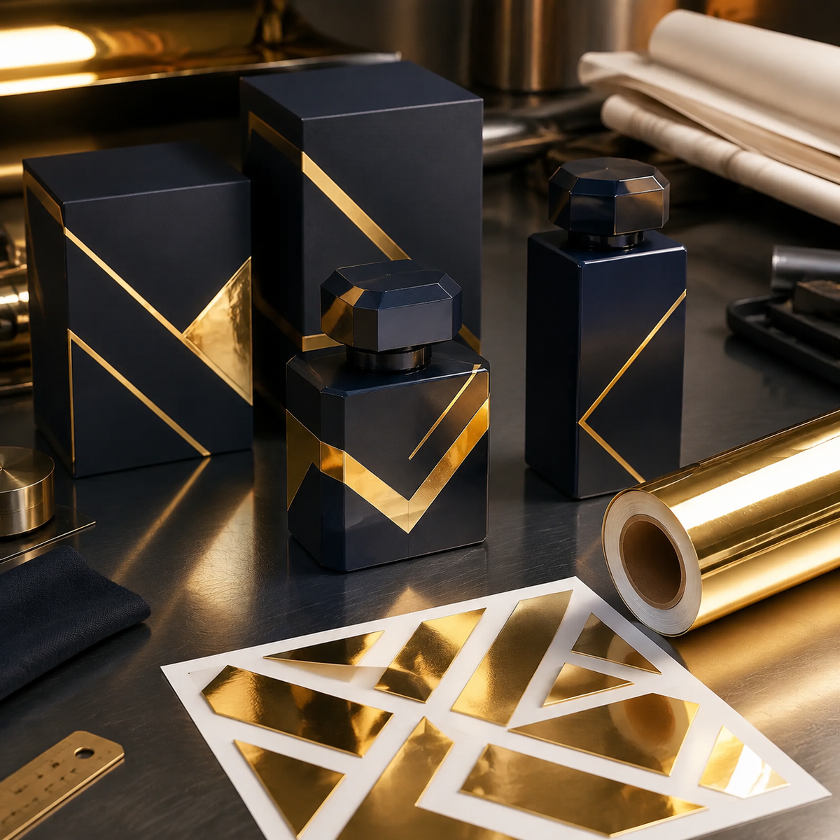 Gold metallic chrome labels on premium product packaging