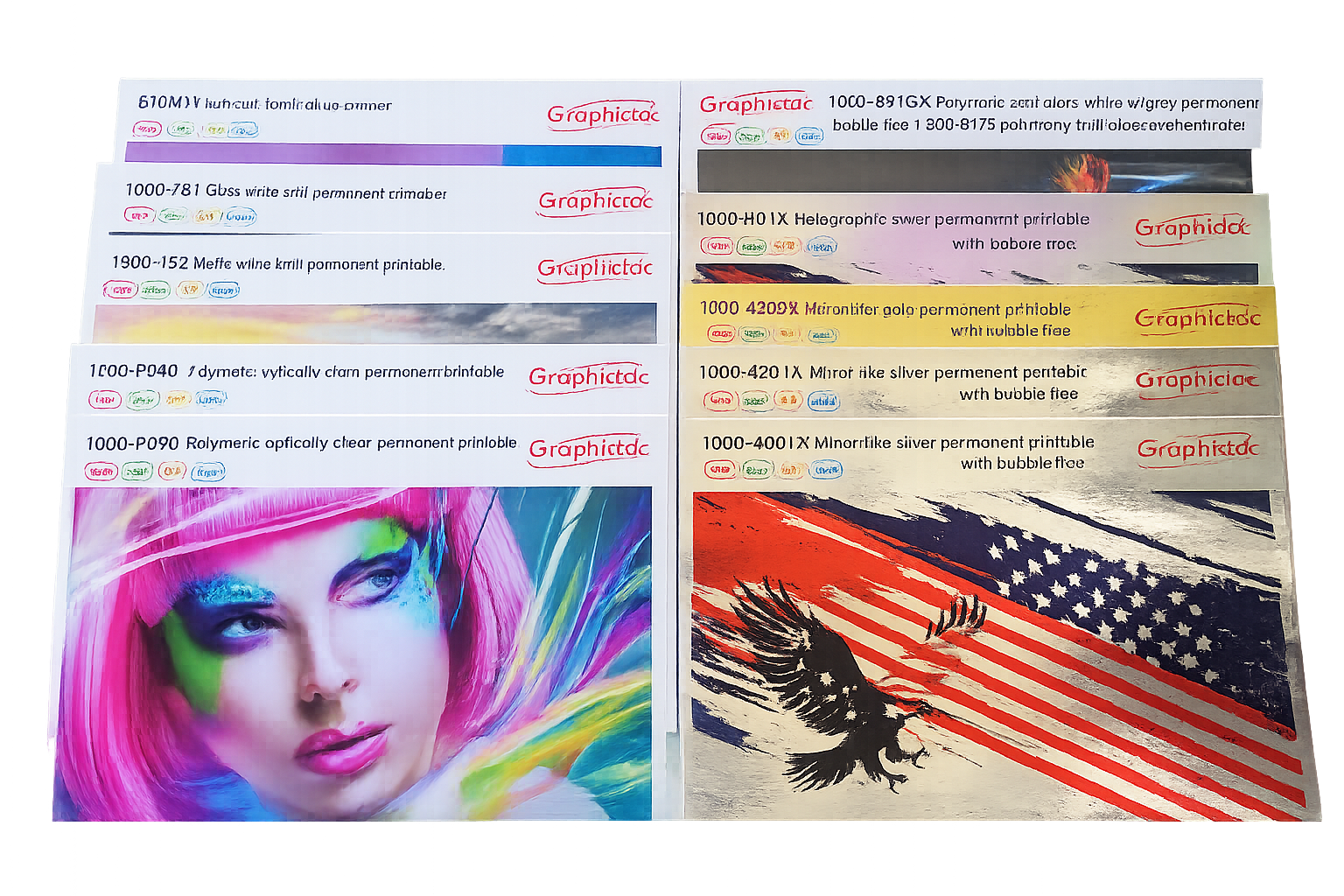 Graphictac printed product sample swatches showing available media finishes