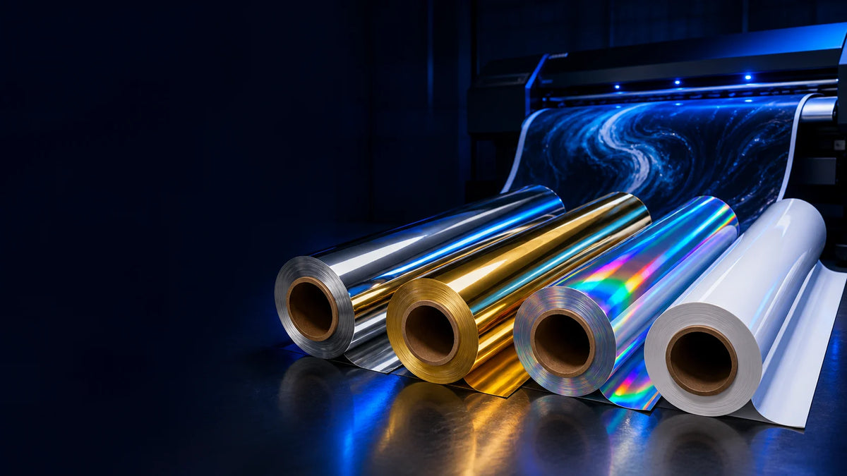 Silver, gold, holographic and white printable media rolls in a professional print studio