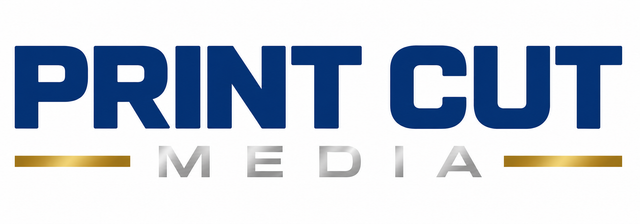 Print Cut Media logo with silver MEDIA lettering and gold accent bars