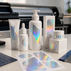 Rainbow holographic labels on cosmetic packaging