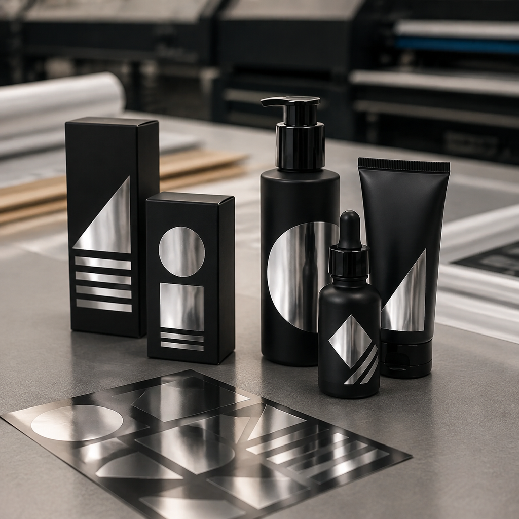 Silver metallic chrome labels on product packaging